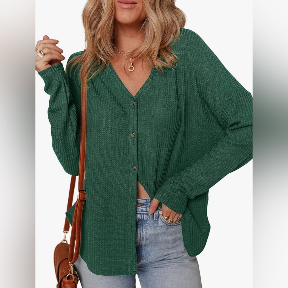 Dokotoo Women's Casual V Neck Waffle Knit Button Down Long Sleeve Shirt GREEN